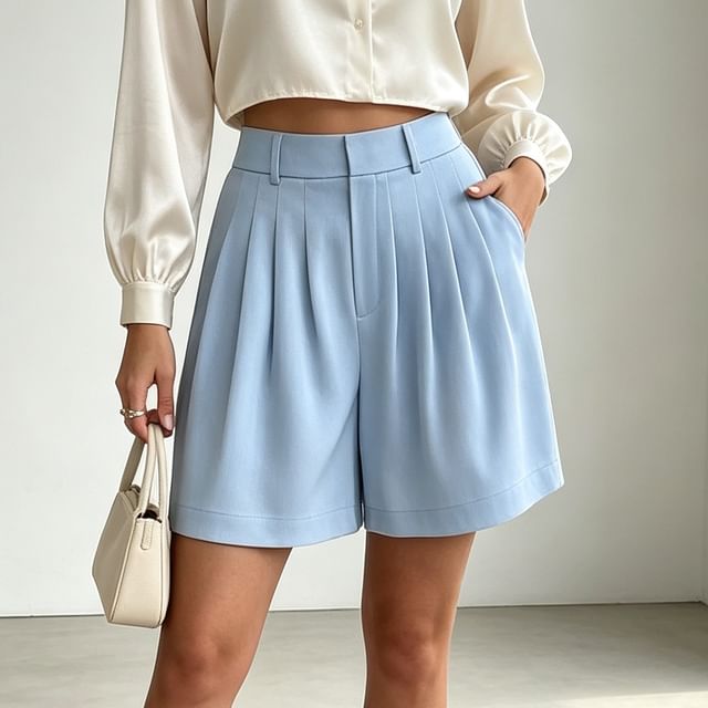Core Label-High Waist Pleated Plain A-Line Shorts