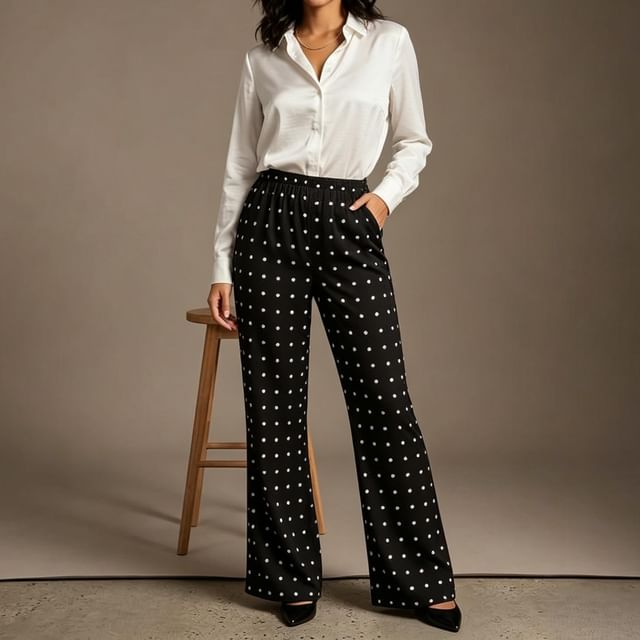 Core Label-High Waist Polka Dot Regular Fit Straight Leg Pants