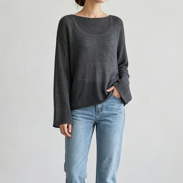 Core Label-Long-Sleeve Crewneck Sheer Plain Knit Top