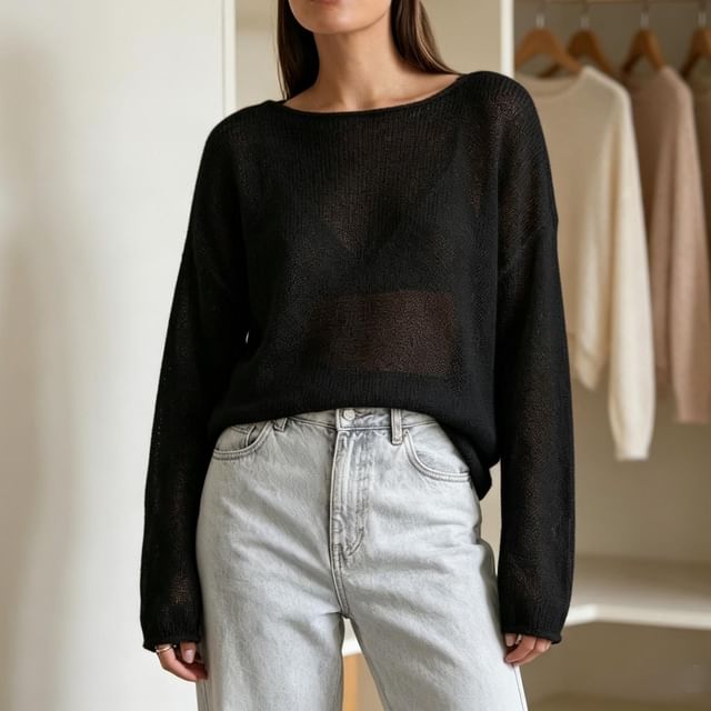 Core Label-Long-Sleeve Crewneck Sheer Plain Knit Top