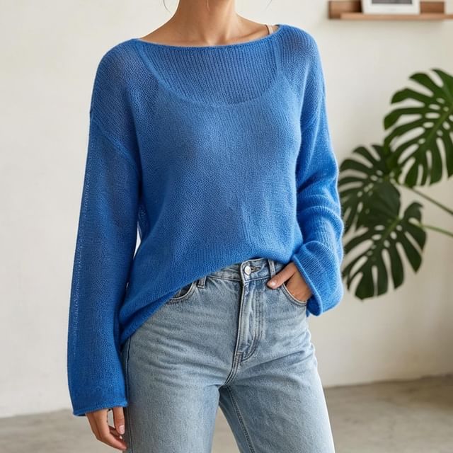 Core Label-Long-Sleeve Crewneck Sheer Plain Knit Top
