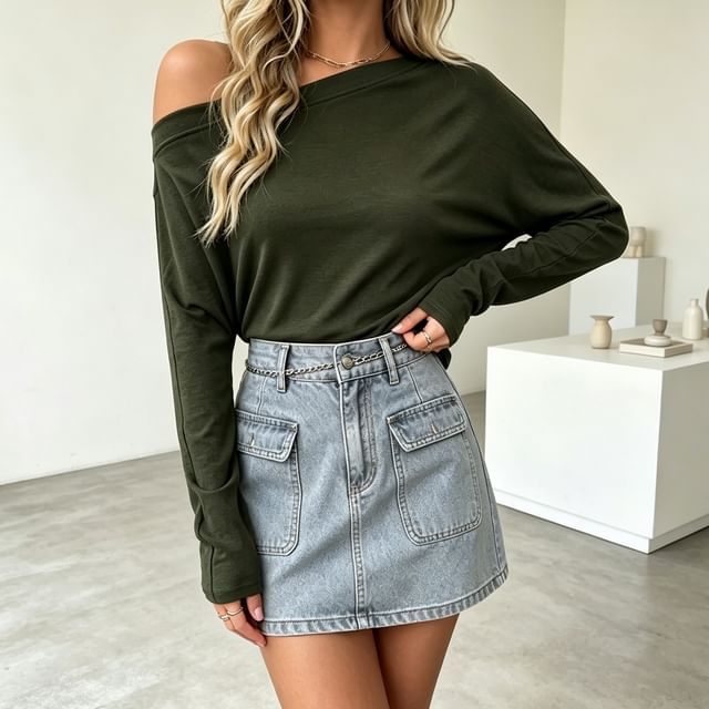 Core Label-Long-Sleeve One Shoulder Plain T-Shirt