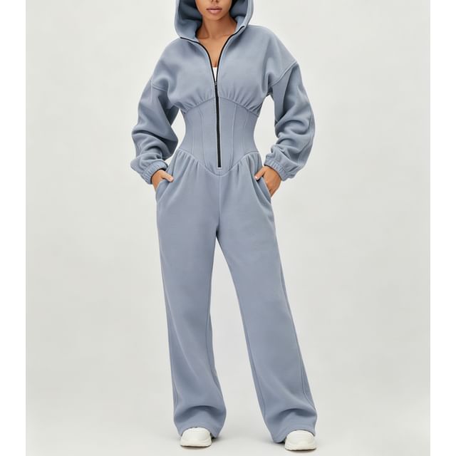 Core Label-Long Sleeve Plain Zip-Up Hooded Jumpsuit