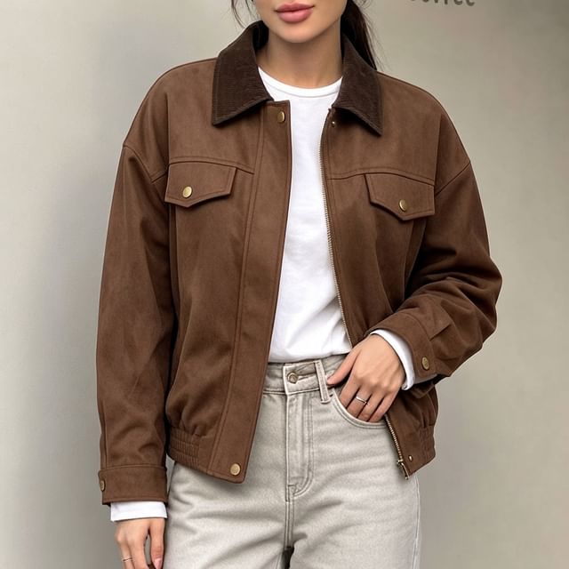 Core Label-Ribbed Collar Zip-Up Barn Jacket