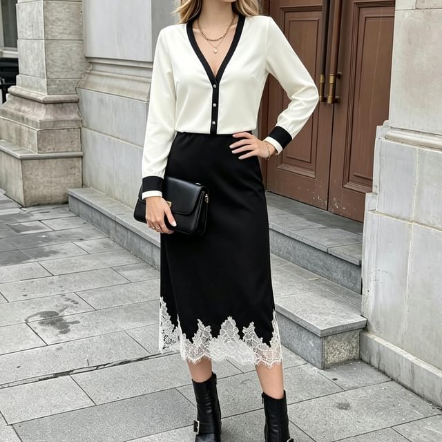 Core Label-V-Neck Contrast Trim Button-Up Cardigan