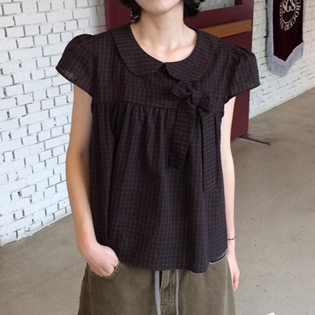 Coris-Cap-Sleeve Collared Plaid Babydoll Blouse