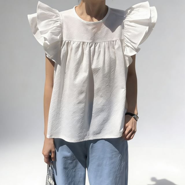 Coris-Cap-Sleeve Crew Neck Plain Ruffle Blouse