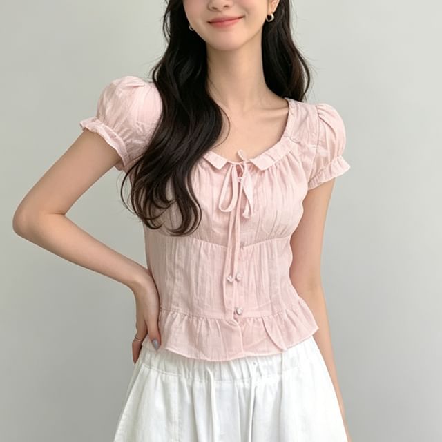 Coris-Cap Sleeve Tie-Neck Plain Ruffle Blouse