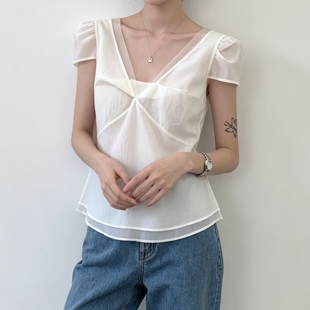 Coris-Cap Sleeve V-Neck Plain Ruched Slit Top