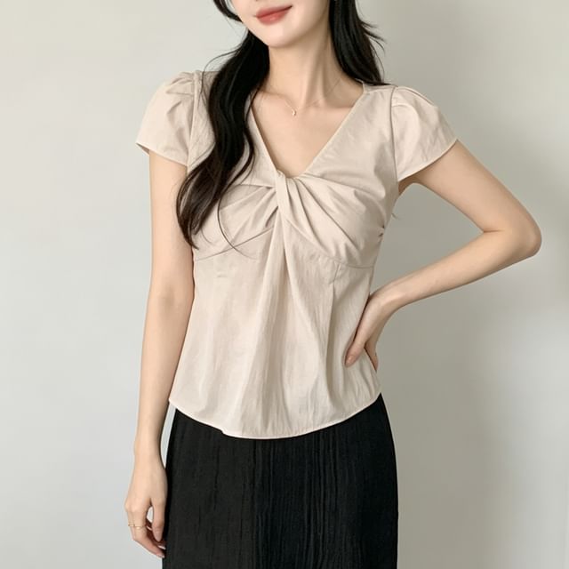 Coris-Cap-Sleeve V-Neck Twisted Plain Crop Blouse