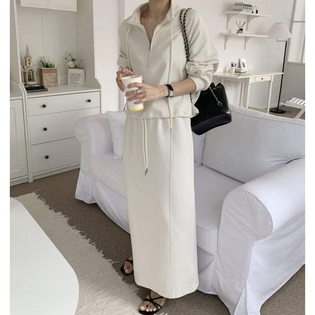 Coris-Collar Drawstring Half-Zip Pullover Drawstring Waist Maxi Straight Skirt