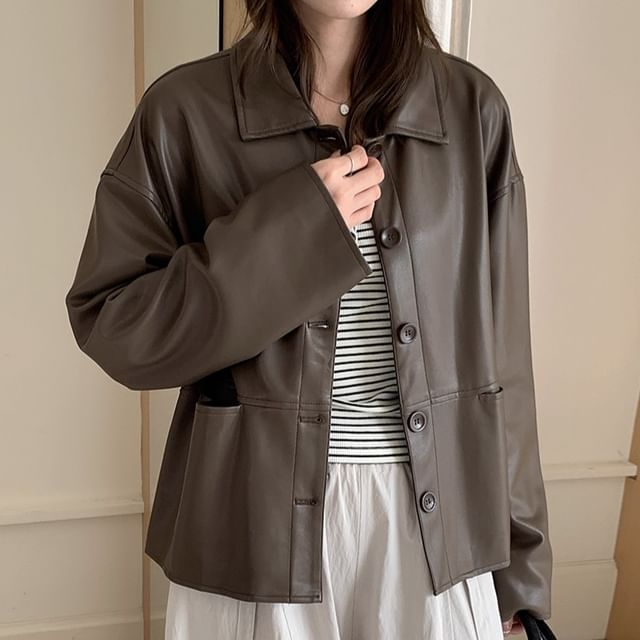 Coris-Collar Plain Faux Leather Button Jacket