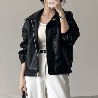 Coris-Collar Plain Faux Leather Zip Jacket