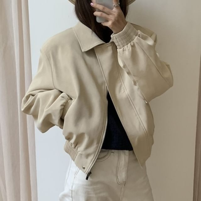 Coris-Collar Plain Faux Suede Zip Jacket