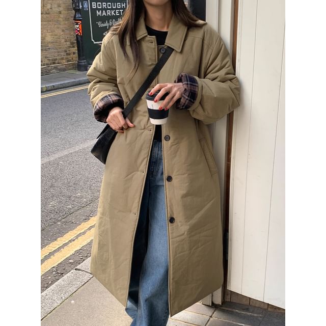 Coris-Collar Plain Padded Midi Single-Breasted Coat