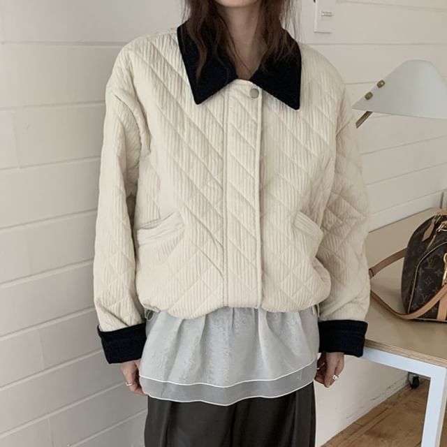 Coris-Collar Two Tone Quilted Jacket
