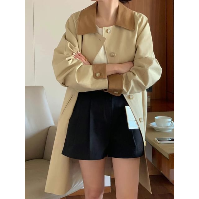 Coris-Contrast Collar Button-Up Coat