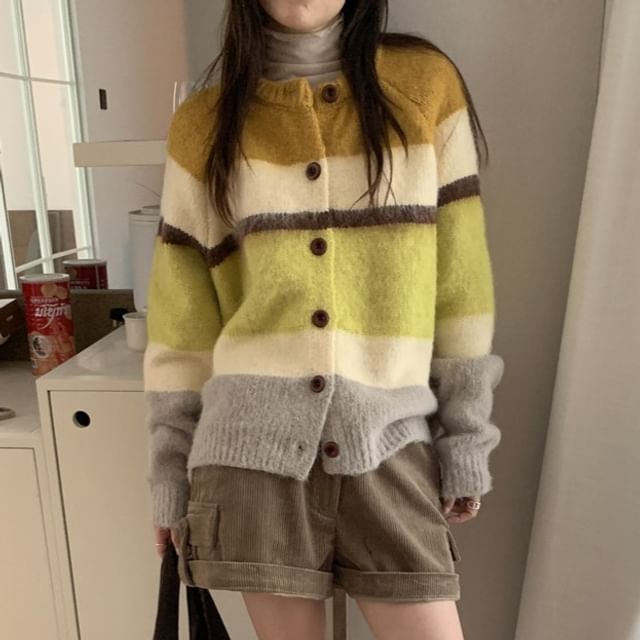 Coris-Crew Neck Color Block Cardigan