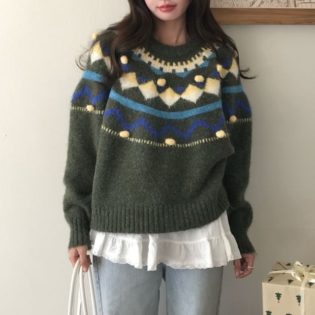 Coris-Crew Neck Color Block Jacquard Sweater