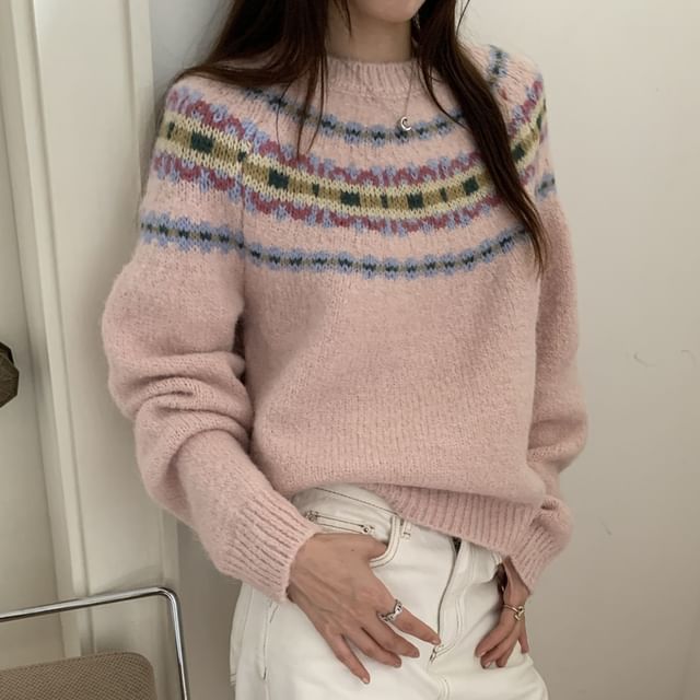 Coris-Crew Neck Color Block Jacquard Sweater