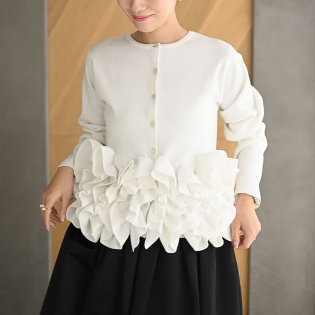 Coris-Crew Neck Ruffle Panel Button-Up Plain Cardigan