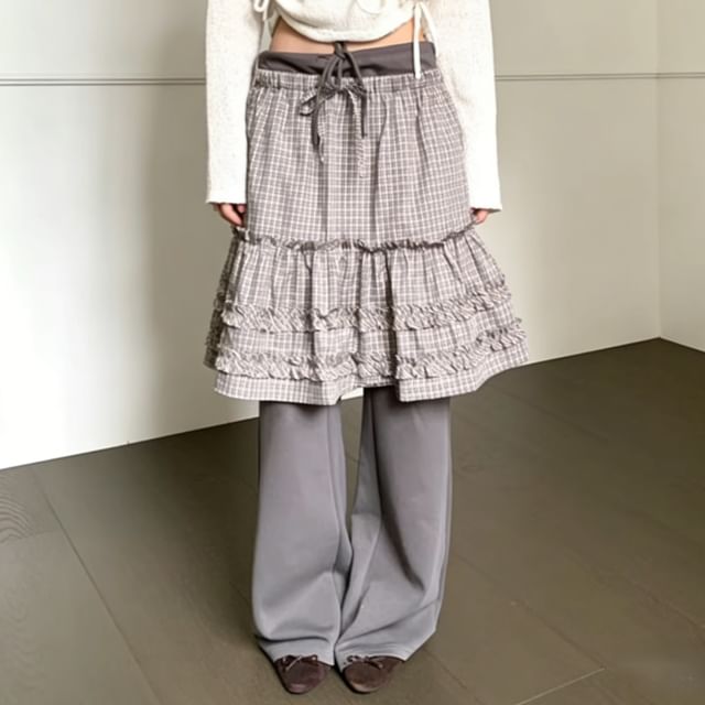 Coris-Drawstring Waist Plaid Ruffle Trim A-Line Skirt