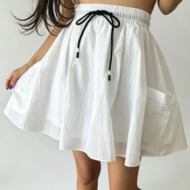 Coris-Drawstring Waist Plain Large Pocket Mini A-Line Skirt