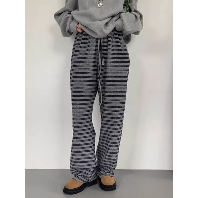 Coris-Drawstring Waist Striped Wide Leg Pants