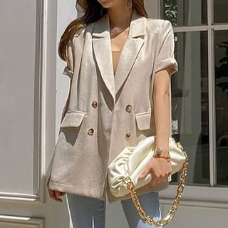 Coris-Elbow-Sleeve Lapel Collar Mesh Panel Double-Breasted Plain Blazer