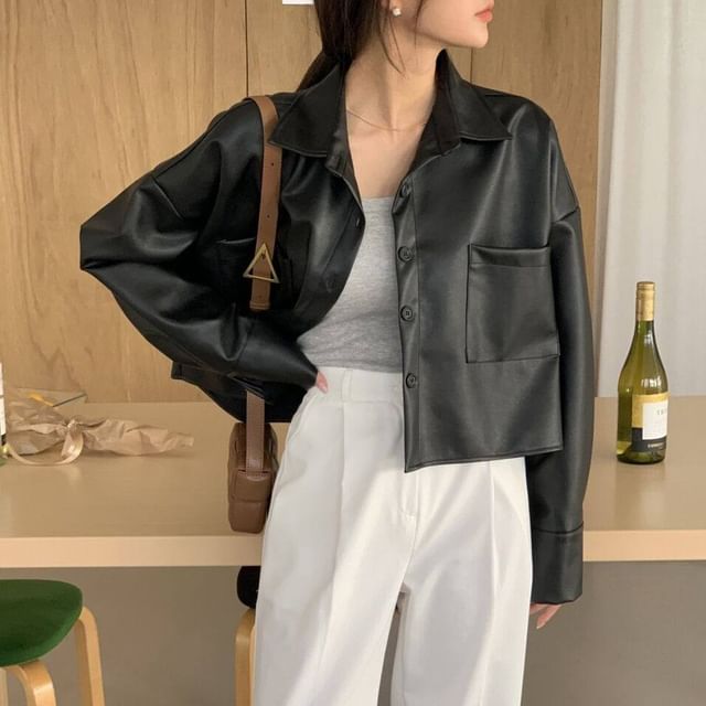 Coris-Faux Leather Collared Button-Up Crop Jacket