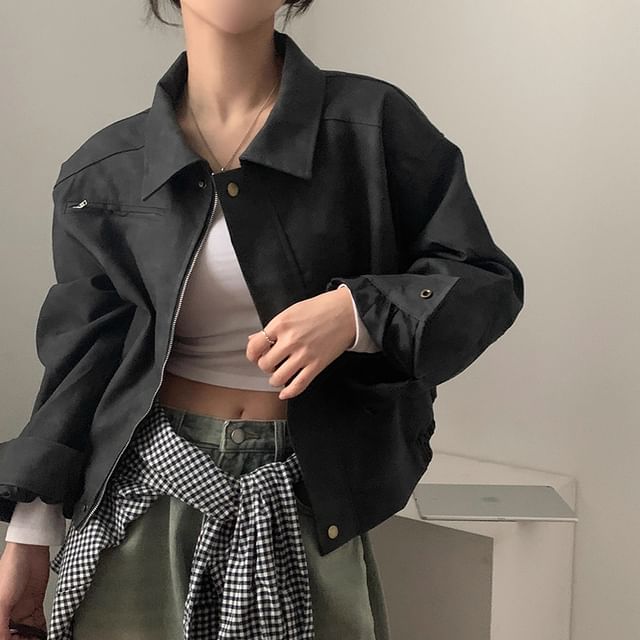 Coris-Faux Leather Collared Zip-Up Jacket