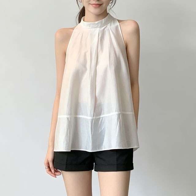 Coris-Halter Mock Neck Plain Satin Top
