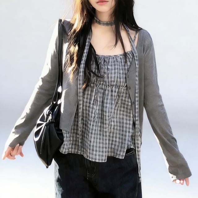 Coris-Halter-Neck Plaid Drawstring Top