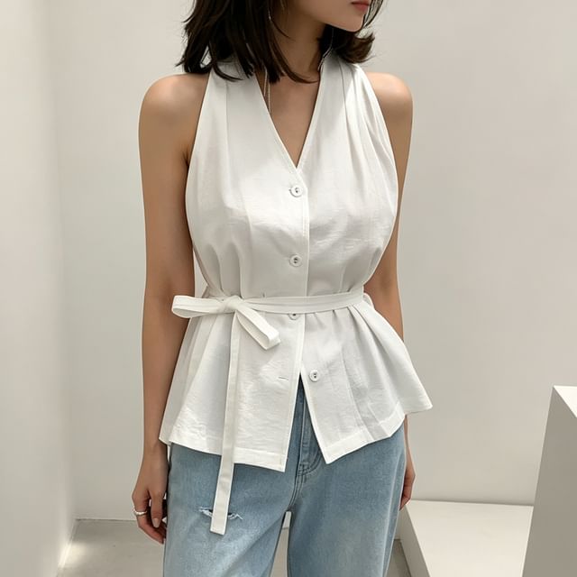 Coris-Halter-Neck Plain Button-Up Top