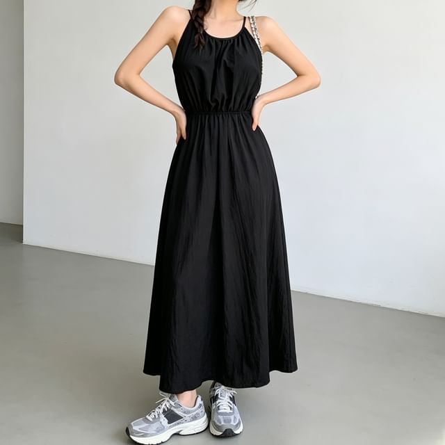 Coris-Halter Neck Plain Cutout Back Maxi A-Line Dress