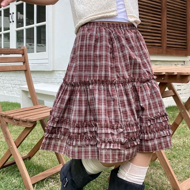 Coris-High Rise Plaid A-Line Skirt