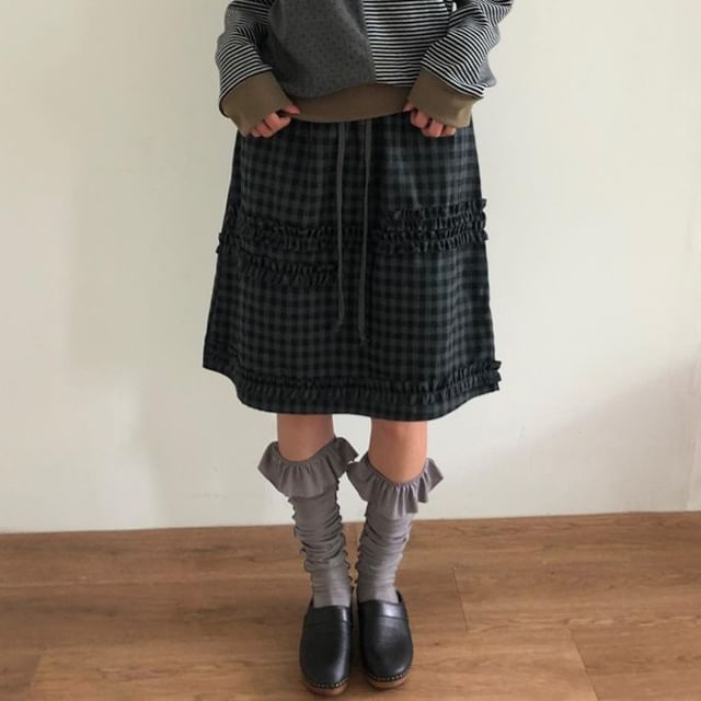 Coris-High Waist Gingham Midi Skirt