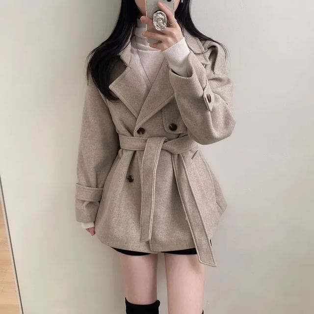 Coris-Lapel Collar Plain Tie Waist Double-Breasted Coat