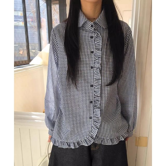 Coris-Long-Sleeve Collared Gingham Frill Trim Button-Up Blouse