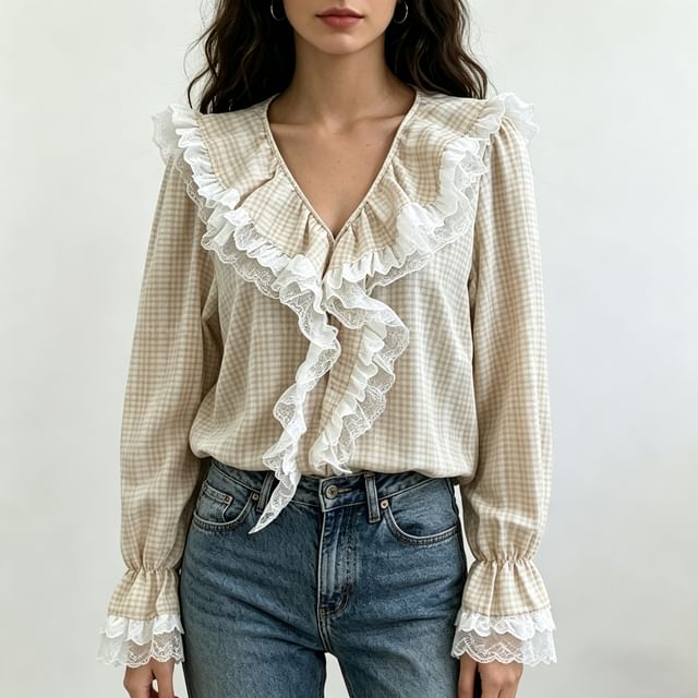 Coris-Long Sleeve Collared Ruffle Panel Lace Blouse