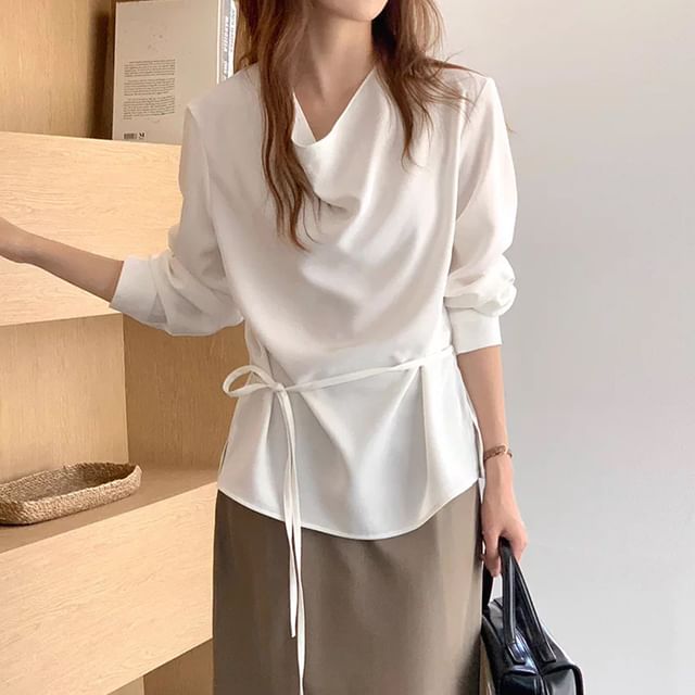 Coris-Long-Sleeve Cowl Neck Plain Tie-Waist Blouse