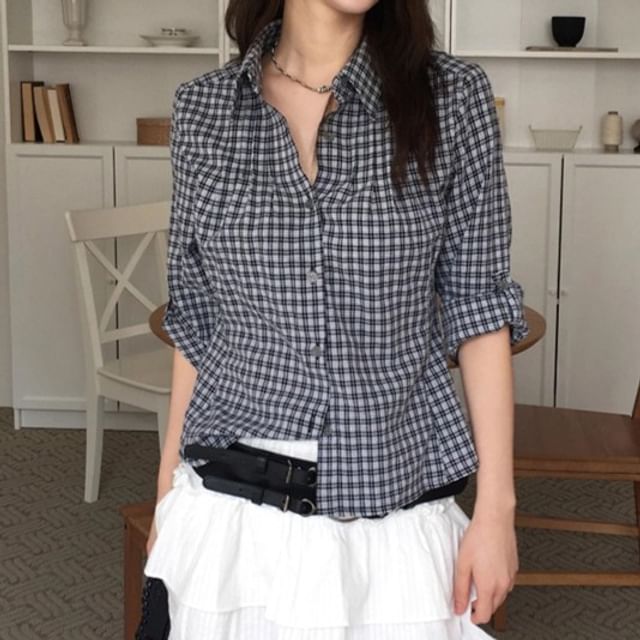Coris-Long-Sleeve Plaid Crop Shirt