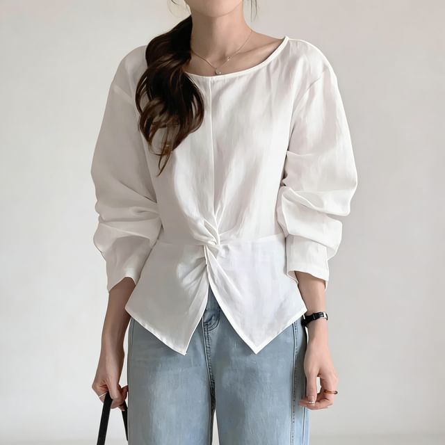 Coris-Long-Sleeve Plaid Knotted Slit Blouse