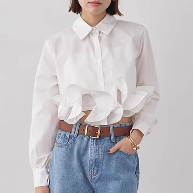 Coris-Long-Sleeve Plain Ruffled Button-Up Shirt