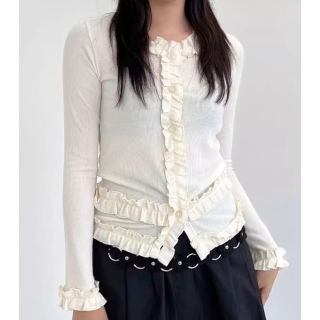 Coris-Long-Sleeve Round Neck Plain Ruffle Trim Button Up Top