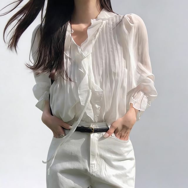 Coris-Long-Sleeve Ruffle Plain Blouse