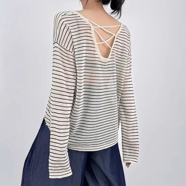 Coris-Long-Sleeve Striped Knit Top