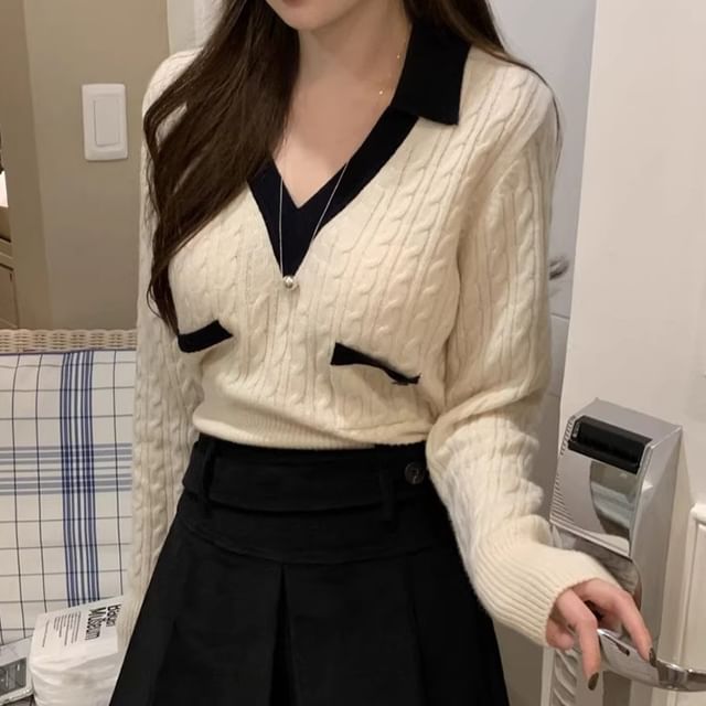 Coris-Long-Sleeve V-Neck Cable Knit Two Tone Polo Top