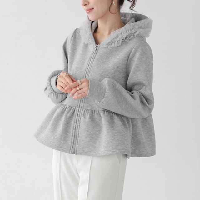 Coris-Mesh Ruffle Peplum Zip Hoodie