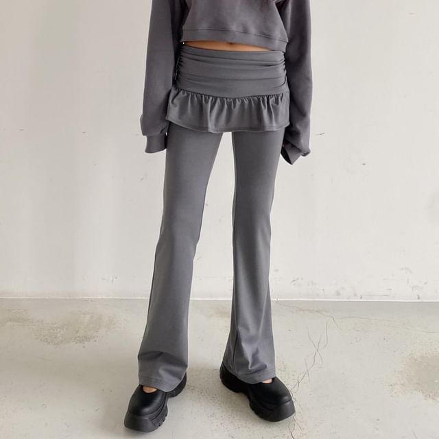 Coris-Mid Waist Plain Ruffle Trim Ruched Skirt Overlay Bootcut Pants